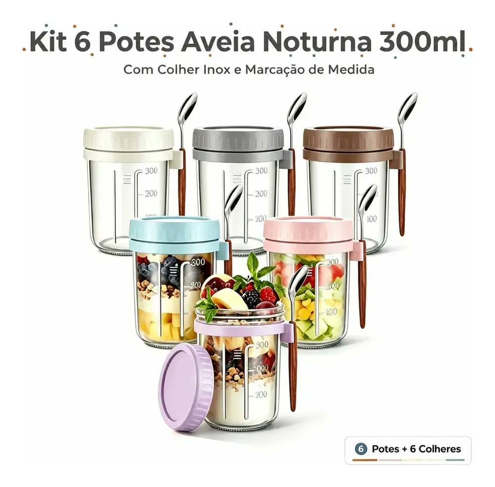 Kit 6 Potes de Vidro 300ml com Colher Inox e Marcação de Medida, Hermético para Iogurte Aveia Noturna, Congelador, Armazenamento Doméstico
