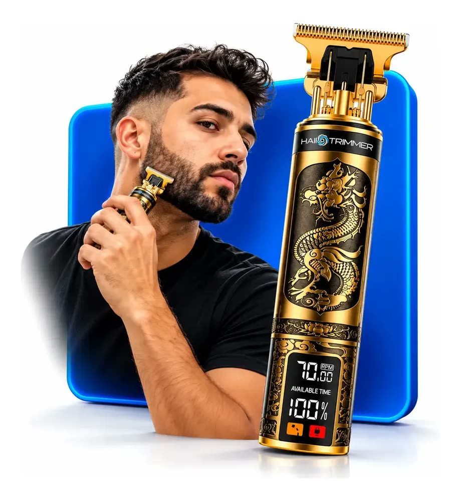 Máquina Barbear Profissional Com Visor Elétrica Maquininha Dragão Dourado Recarregável Para Cabelo E Barba, Acabamento Hair Trimmer Preto E Dourado 127/220v