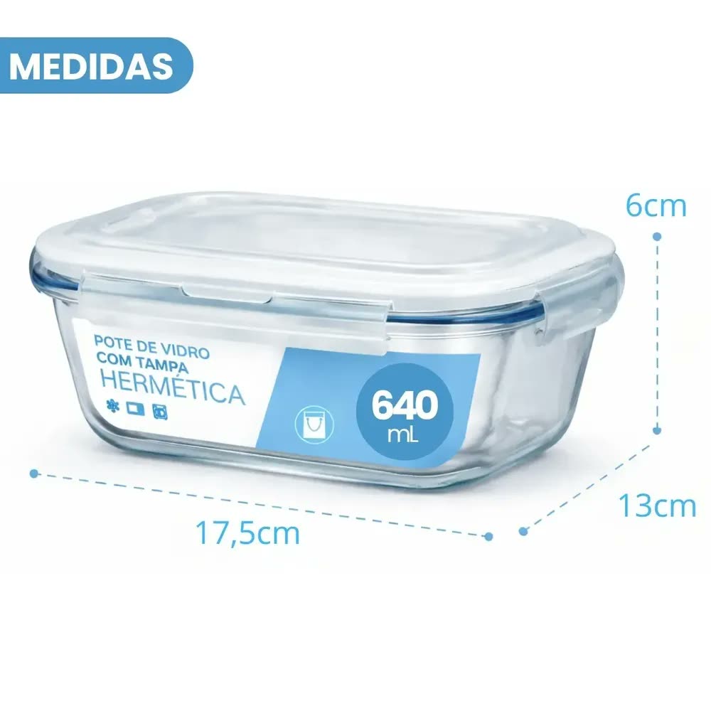 Kit 10 Pote Vidro Hermético Marmita 640ml Micro-ondas Freezer Forno Organização Geladeira