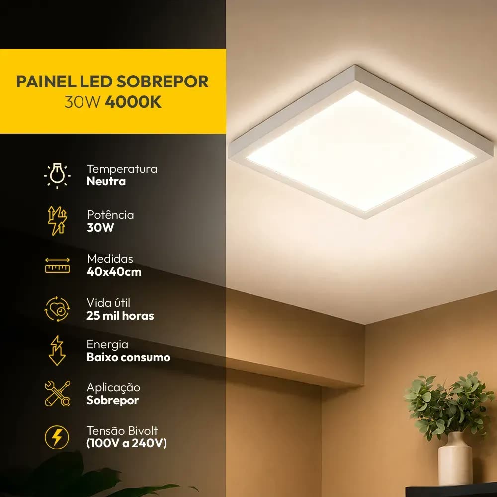 Painel Led Plafon Aluminio Sobrepor 30w 4000k Branco Neutro 40x40cm Quadrado Cod: ALUT002015 Alut By Avant