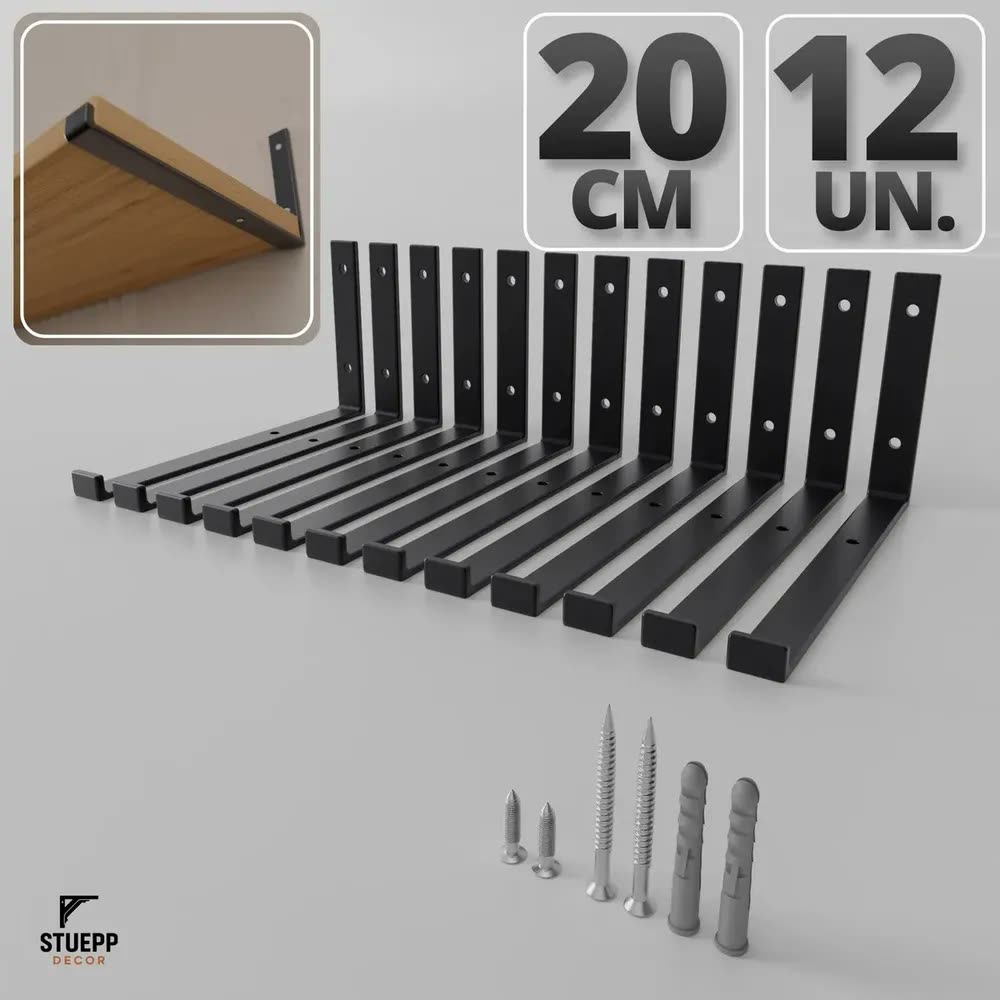 foto de Kit 12 Mão Francesa Invertida Stuepp Decor 20cm Ferro com 5mm Resistente Furo de fixação para tábua