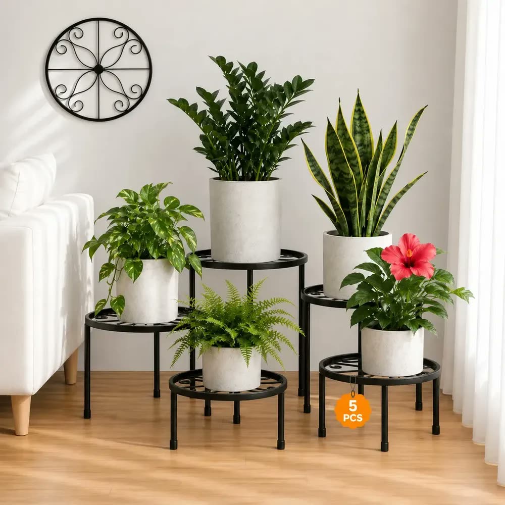 foto de Kit 5 Suportes de Chão para Vasos de Plantas em Metal Antiderrapantes e Resistentes à Ferrugem para Sala Varanda Jardim e Pátio