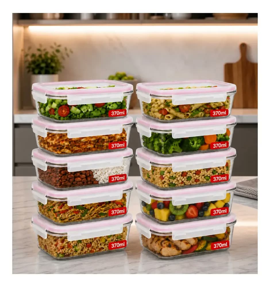 foto de Kit 10 Potes de Vidro Herméticos 370ml Marmita Fitness Freezer Microondas Organizador de Alimentos Reutilizável para Refeições MLO SHOP