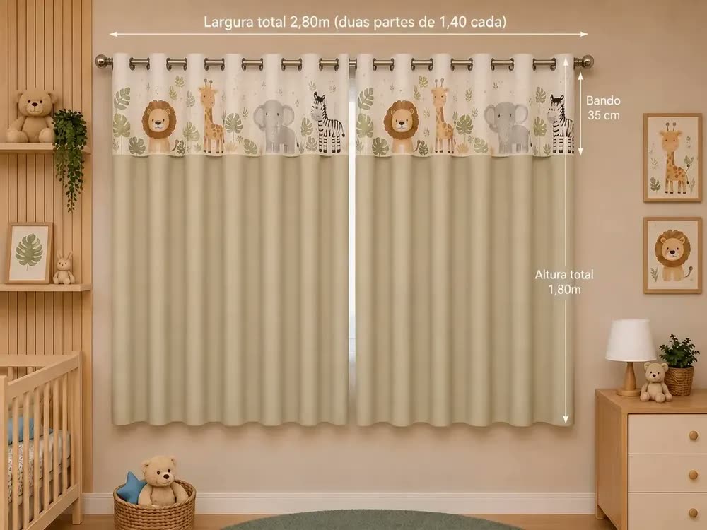 Cortina Infantil 100% Blackout Com Bando 2,80x1,80m Para Quarto Infantil Bebê Criança Decoração Janela Estampa Safari