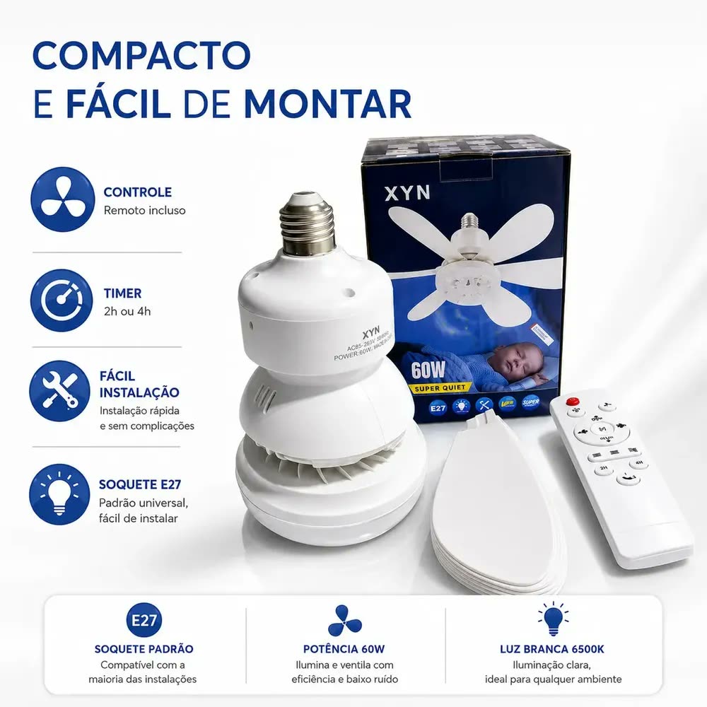 Ventilador De Teto Paraiso Com Lâmpada Led E27 60w Controle Remoto Branco Com Timer De Sono 2h E 4h Silencioso Luz Quente Fria E Neutra 3 Velocidades 6 Hélices Bivolt Plástico Polipropileno