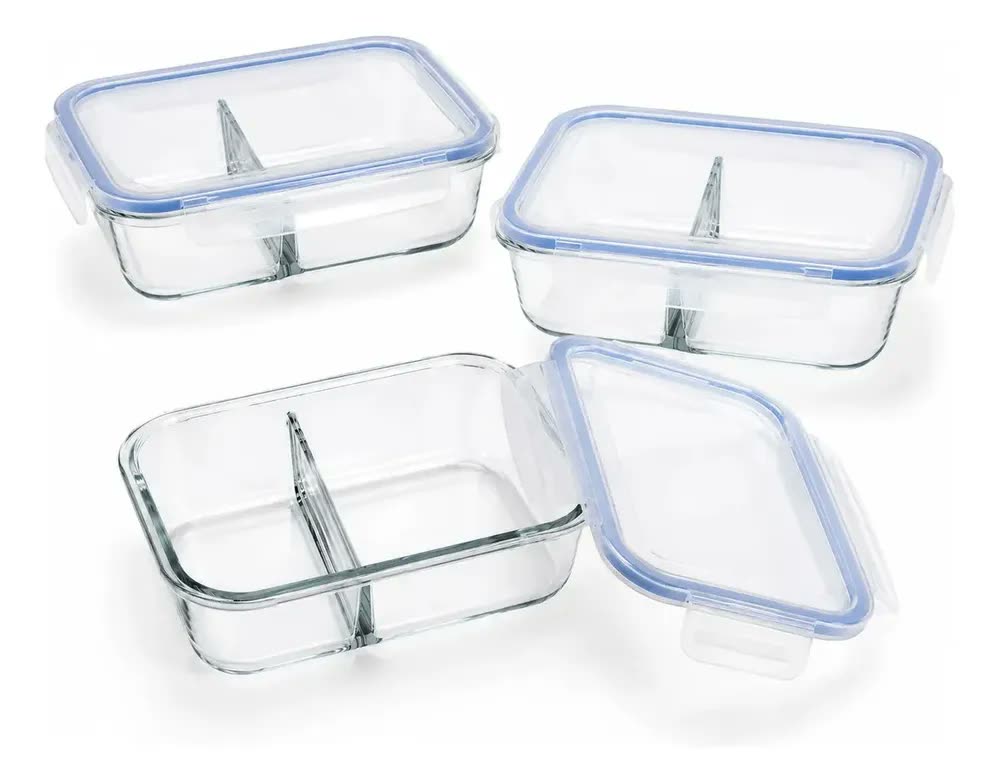 Conjunto 3 Potes Hermético Vidro C/ Divisória Marmita 640ml Transparente