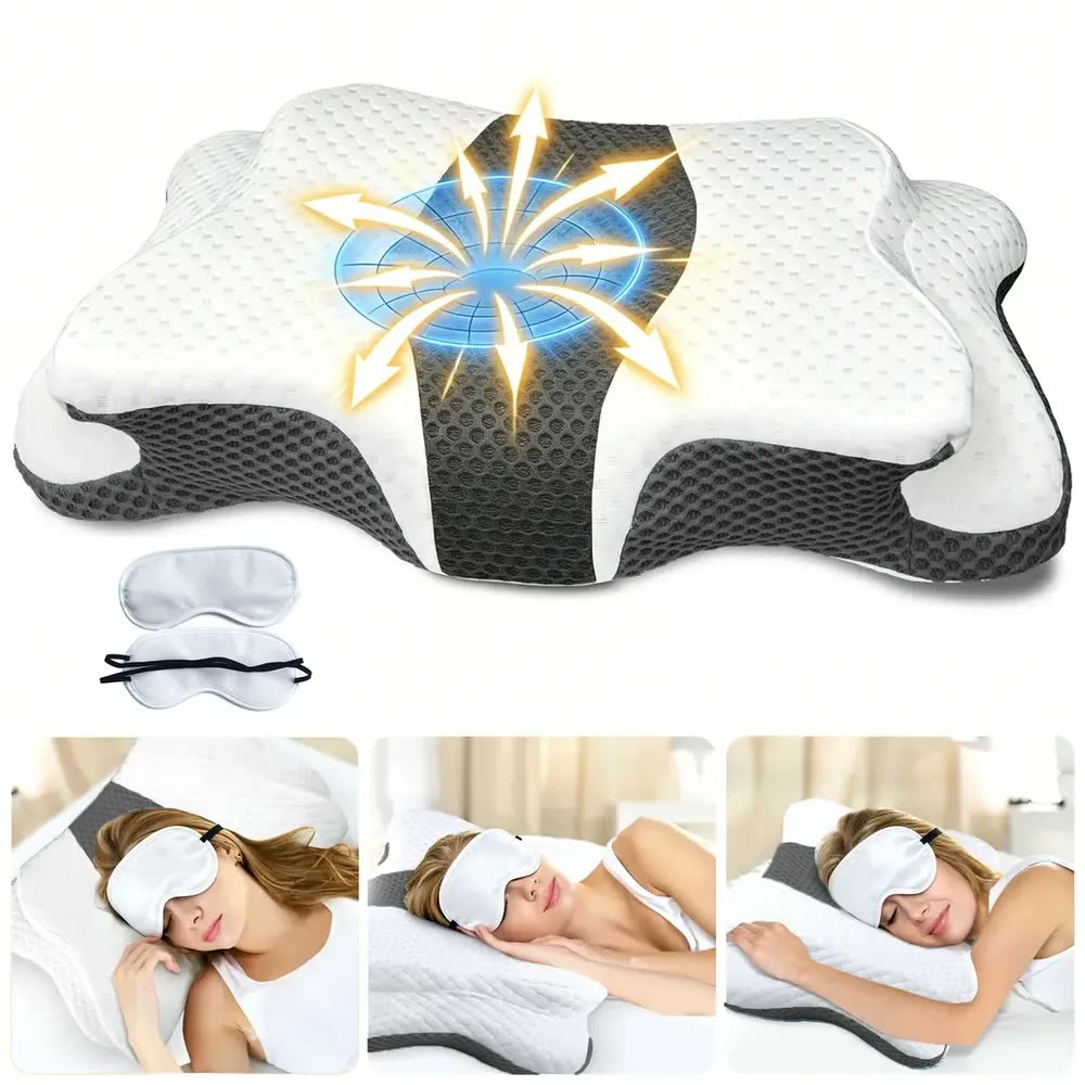 foto de BETWO Travesseiro Cervical Ortopédico Ergonômico de Espuma Viscoelástica, Formato Borboleta com Suporte para Pescoço e Ombros, para Dormir de Lado e de Costas, com Máscara para olhos, 60*36*12CM Cinza