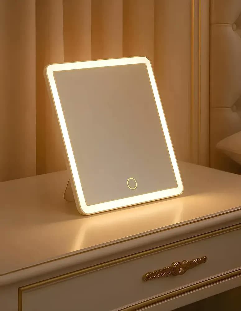 foto de Espelho De Maquiagem Led 3 Cores Ajustável Touch Screen Iluminado Recarregável Usb Portátil Mesa Parede Penteadeira Skincare Sobrancelha