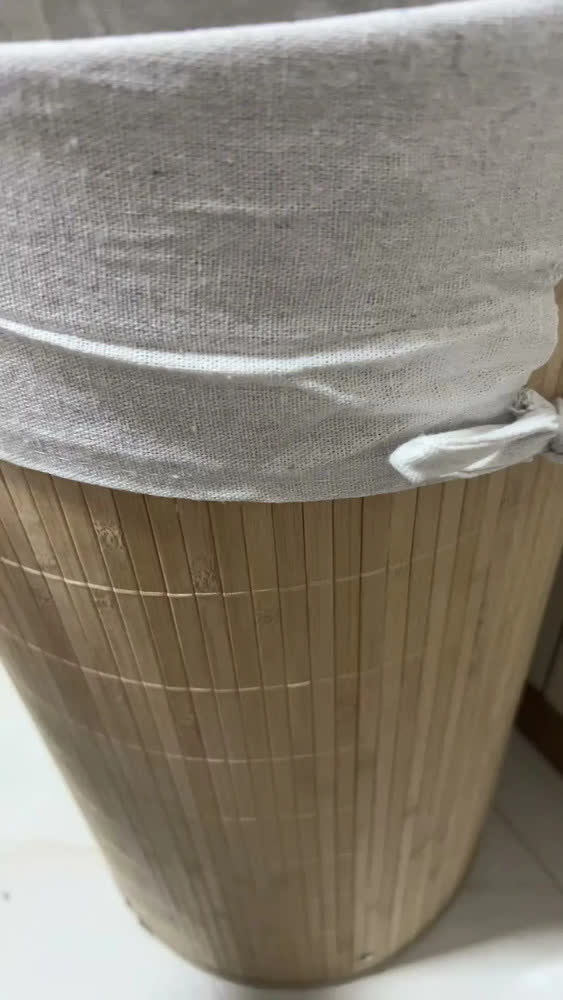 foto de Cesto De Roupa Bambu Redondo 60 Litros Lavanderia Banheiro Bege Liso