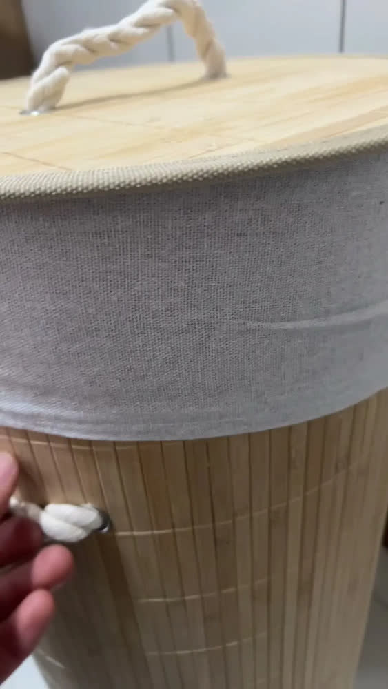 foto de Cesto De Roupa Bambu Redondo 60 Litros Lavanderia Banheiro Bege Liso