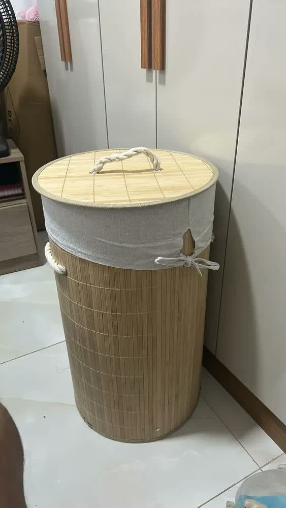 foto de Cesto De Roupa Bambu Redondo 60 Litros Lavanderia Banheiro Bege Liso