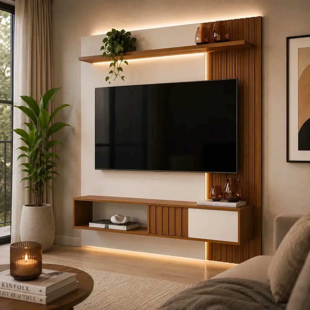 foto de Painel Bancada Suspensa Dj Cosmos 1500 Para Tv Até 55 Ripado Porta Deslizante Design Sala Moderna Trio Casa Freijó/off White