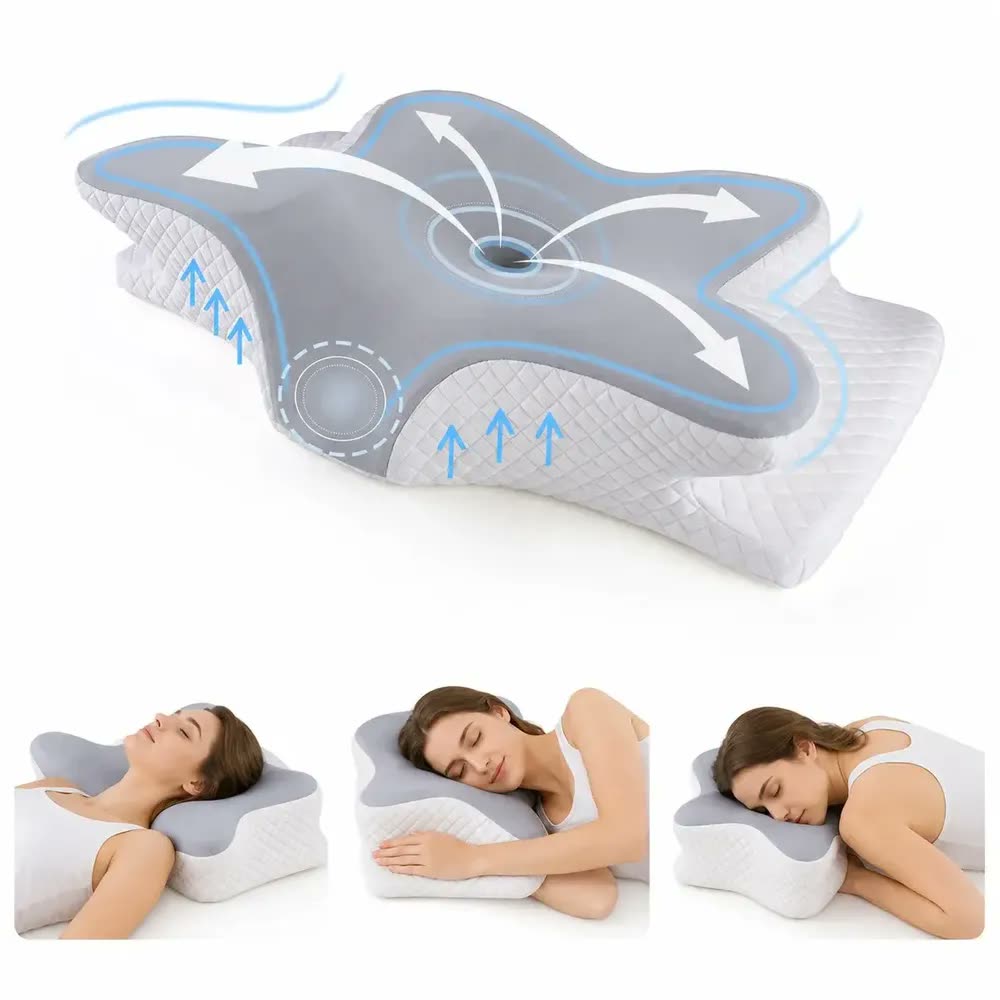 Pluma Negra Travesseiro Cervical Anatômico Ortopédico de Espuma de Memória, Travesseiro Borboleta Ergonômico para Pescoço e Coluna, Apoio Cervical para Dormir de Lado e de Costas, Suporte para Dormir