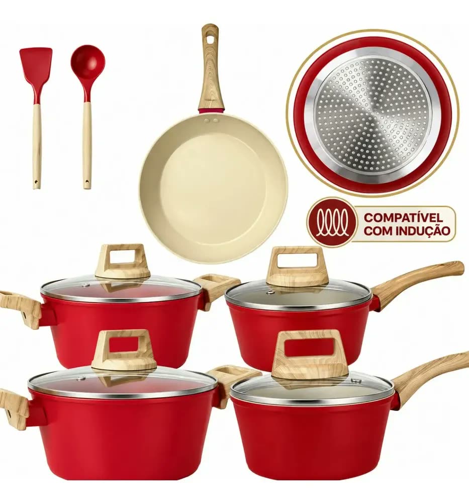 foto de Jogo De Panelas Cerâmico Antiaderente Indução 7 Peças 2.5mm Vermelho