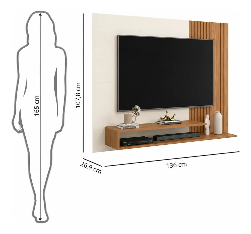 foto de Painel Para TV 50 Polegadas Ripado Com Nichos Freijó Off White Trio Casa