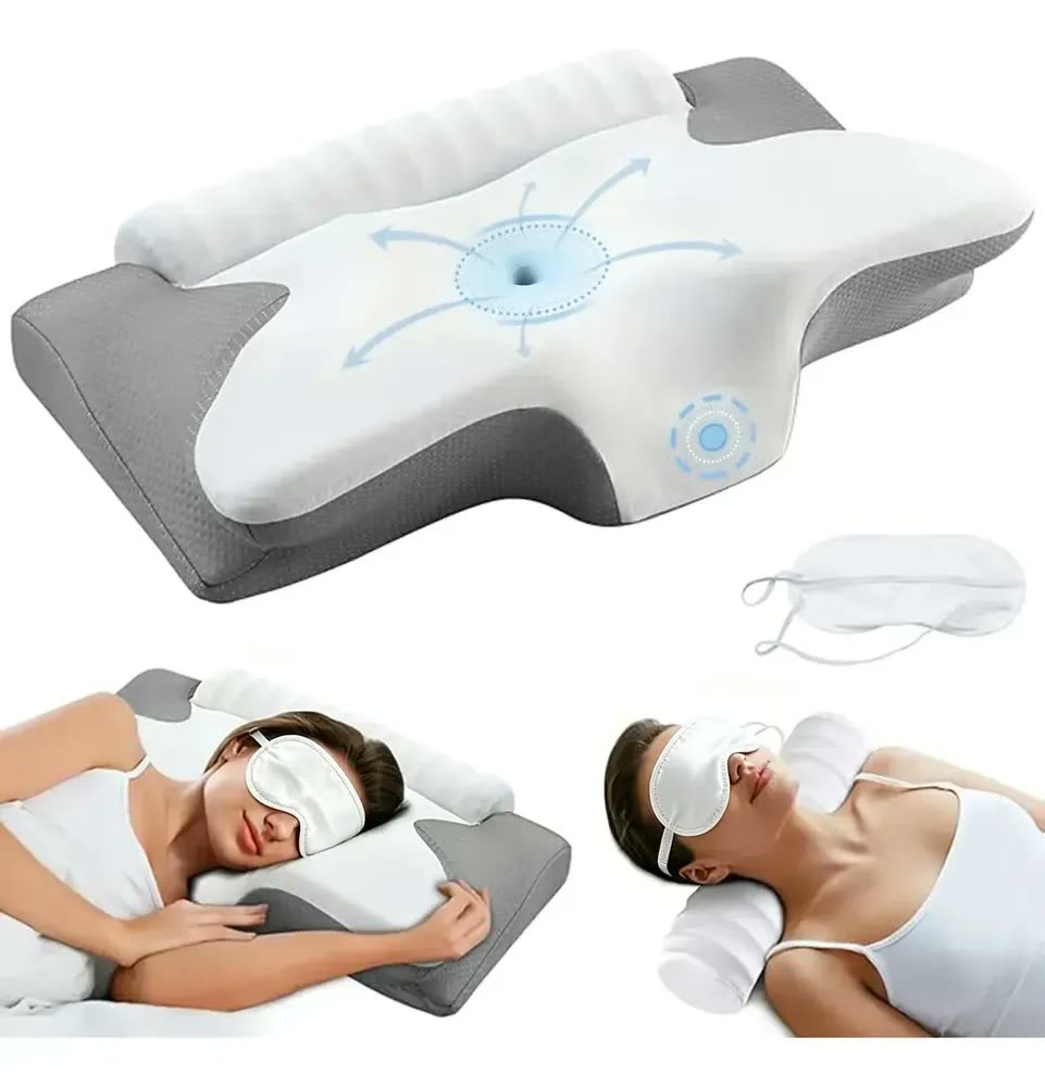 Pluma Negra Travesseiro Cervical Ortopédico Borboleta 2 em 1, Espuma Viscoelástica de Memória, Ergonômico com Rolo de Pescoço, Suporte Cervical para Dormir de Lado e de Costas, Apoio Coluna,66*43*13cm