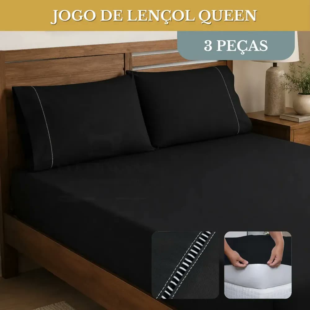 foto de Lencol Queen Premium 3 Pecas Micropercal 400 Fios Com Elastico Em Toda Volta Toque Macio Ponto Palito Elegante