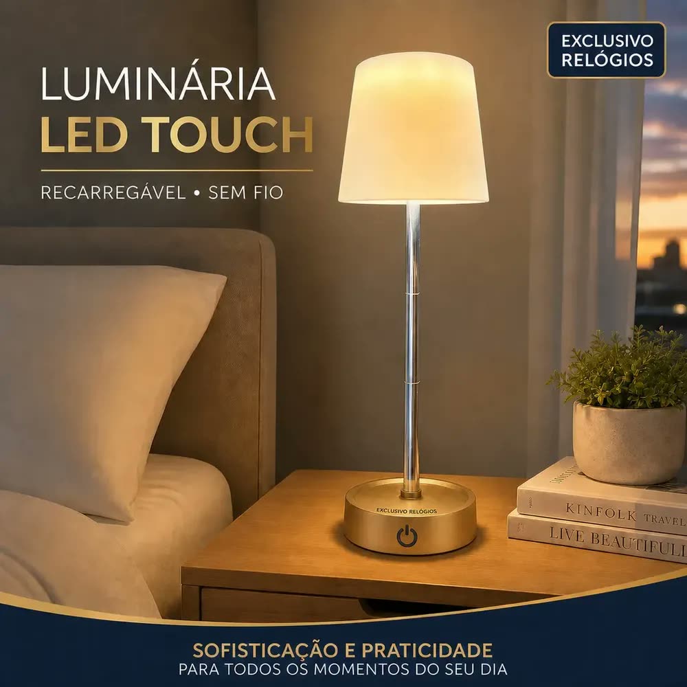 foto de Luminária de Mesa LED USB-C Recarregável de Haste Ajustável com Toque, Luz Quente e Base Dourada
