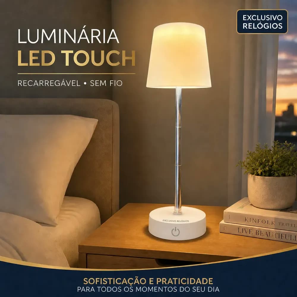 foto de Luminária de Mesa LED Touch Recarregável USB-C Sem Fio Dimerizável Luz Quente Haste Retrátil Ajustável Abajur Portátil para Quarto Cabeceira Leitura Estudo Escritório Base Branca Exclusivo Relógios