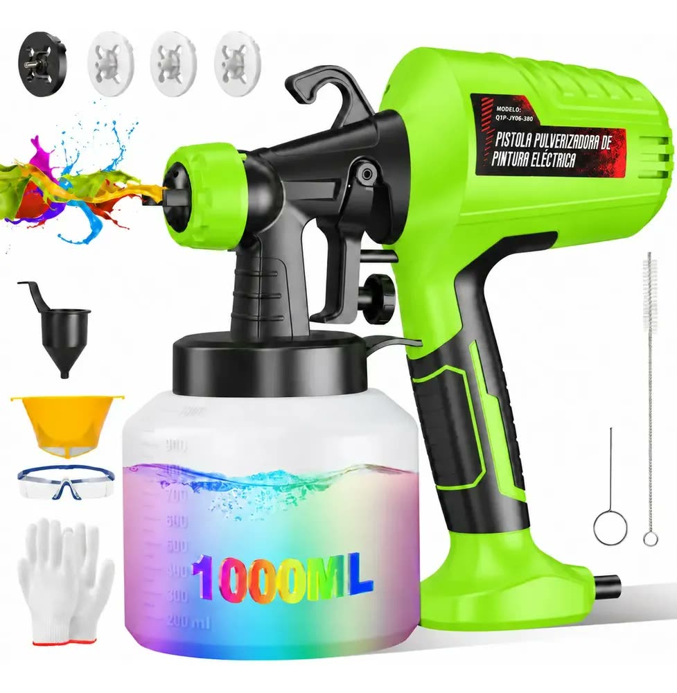 foto de 1200w 1000ml Pistola Para Pintar Eléctrica Profissional 32000rpm Compressor Portatil Pulverizador Jato Hvlp Tinta Com 4 Bicos 3 Spray Regulações Gravidade Bomba Pintar Prevenção Refluxo De Parede/Port
