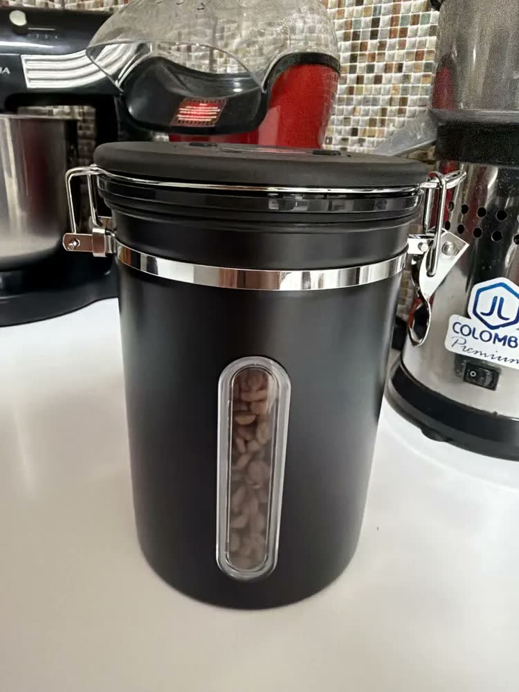 foto de Pote Hermético Para Café Em Grãos Válvula E Com Janela Transparente Colher 1,8l Preto