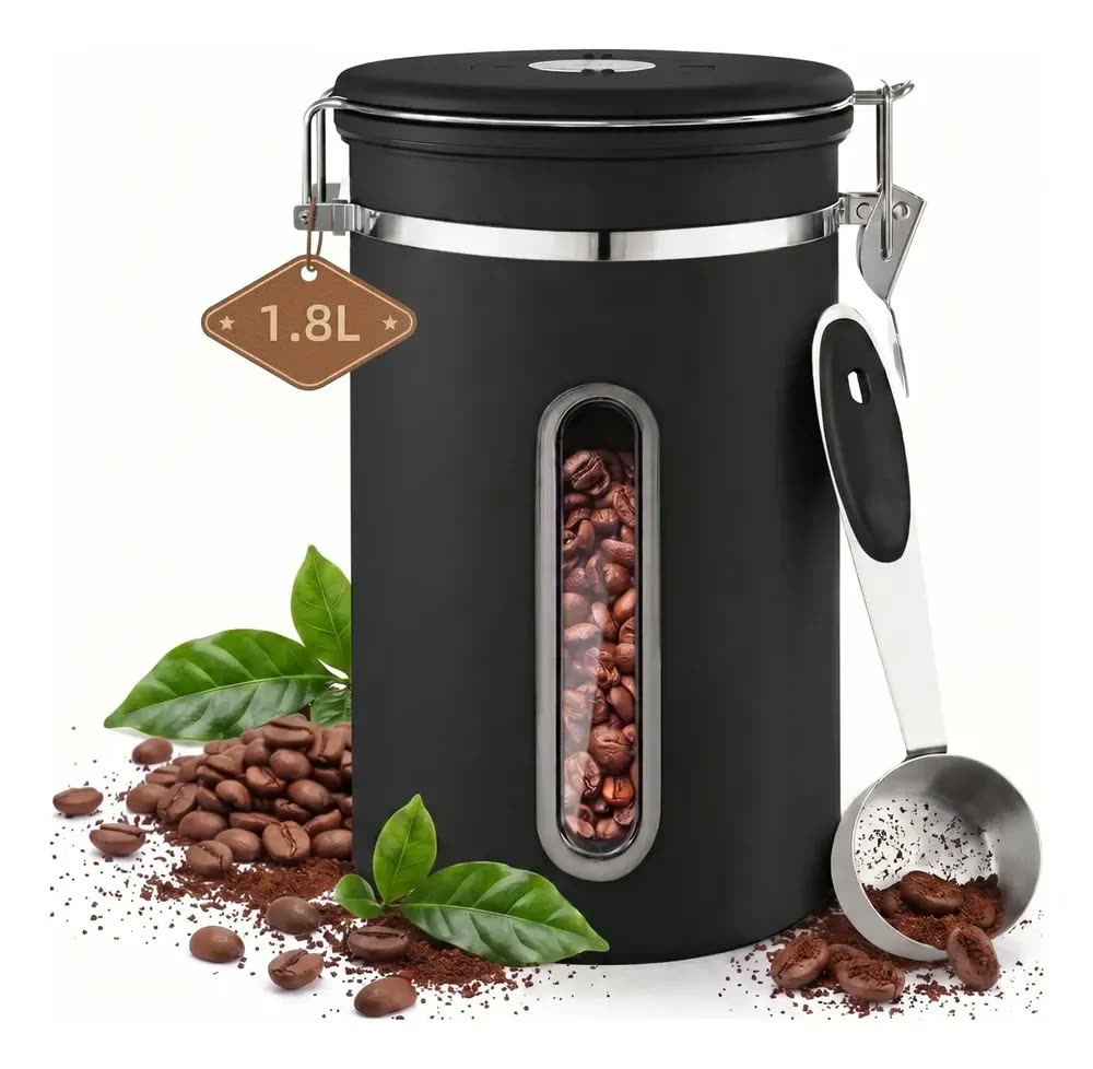 foto de Pote Hermético Para Café Em Grãos Válvula E Com Janela Transparente Colher 1,8l Preto