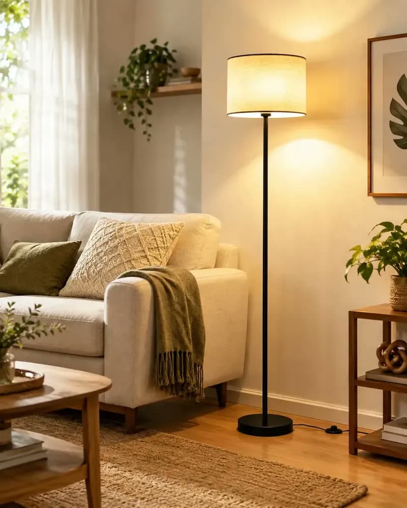 Luminária de Pé LucZeng de Ferro Com Lâmpada LED, Base Preta e Cúpula de Linho