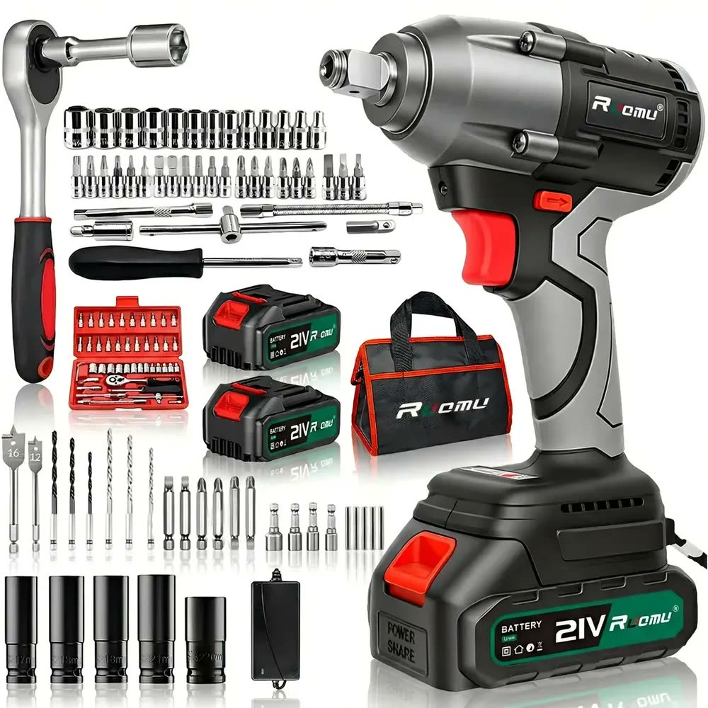 foto de Chave De Impacto Ruomutool-307 Sem Fio 520 Nm Com Bateria e Acessórios