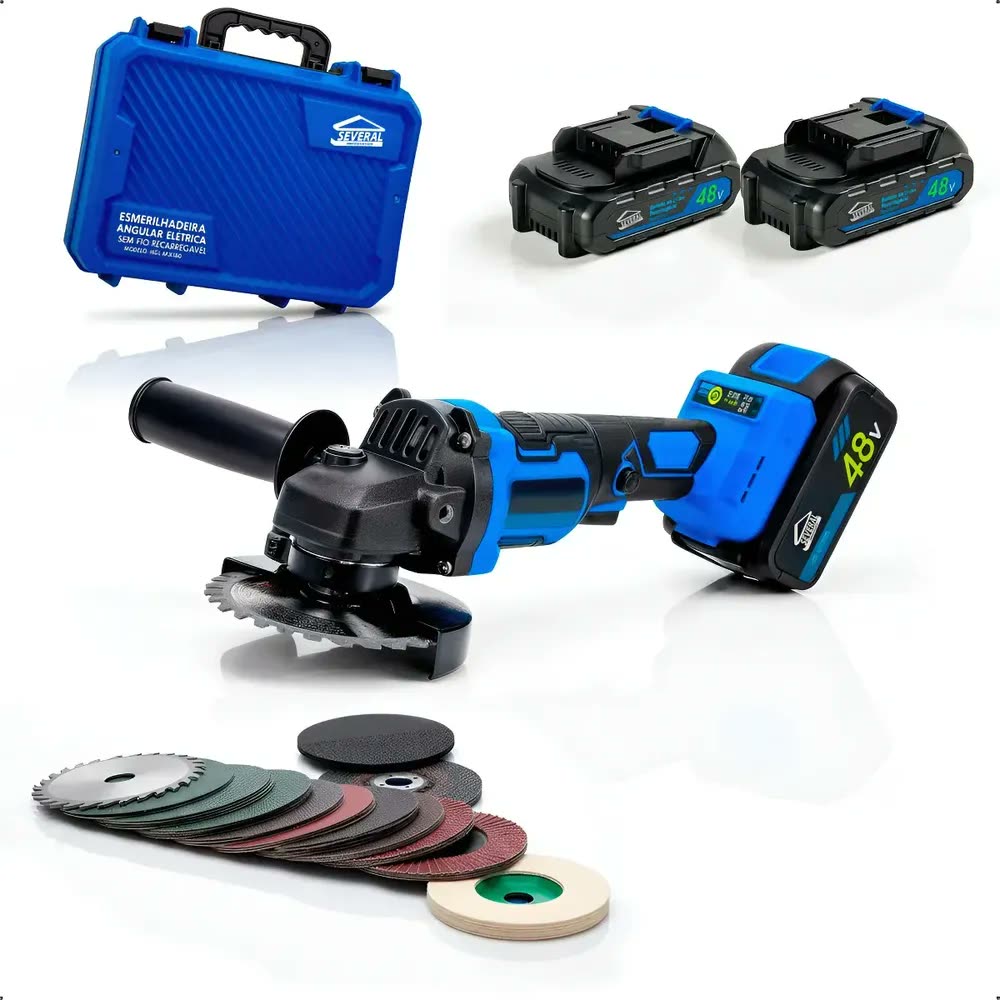 foto de Esmerilhadeira Lixadeira Politriz Elétrica Angular Sem Fio Profissional Several Importados Motor Brushless 2 Baterias 48v com Maleta 25 Acessórios