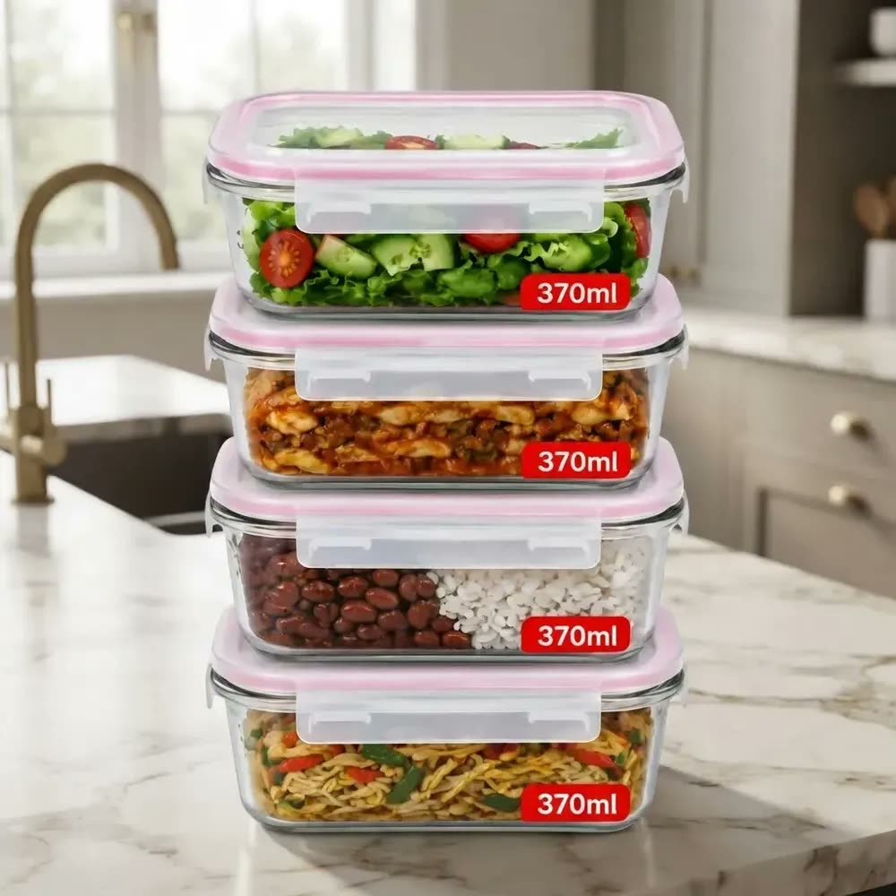 foto de Kit 4 Potes de Vidro Herméticos Borossilicato 370ml Retangulares com Tampa Marmita para Alimentos Freezer Geladeira Micro-ondas Cozinha MLO SHOP