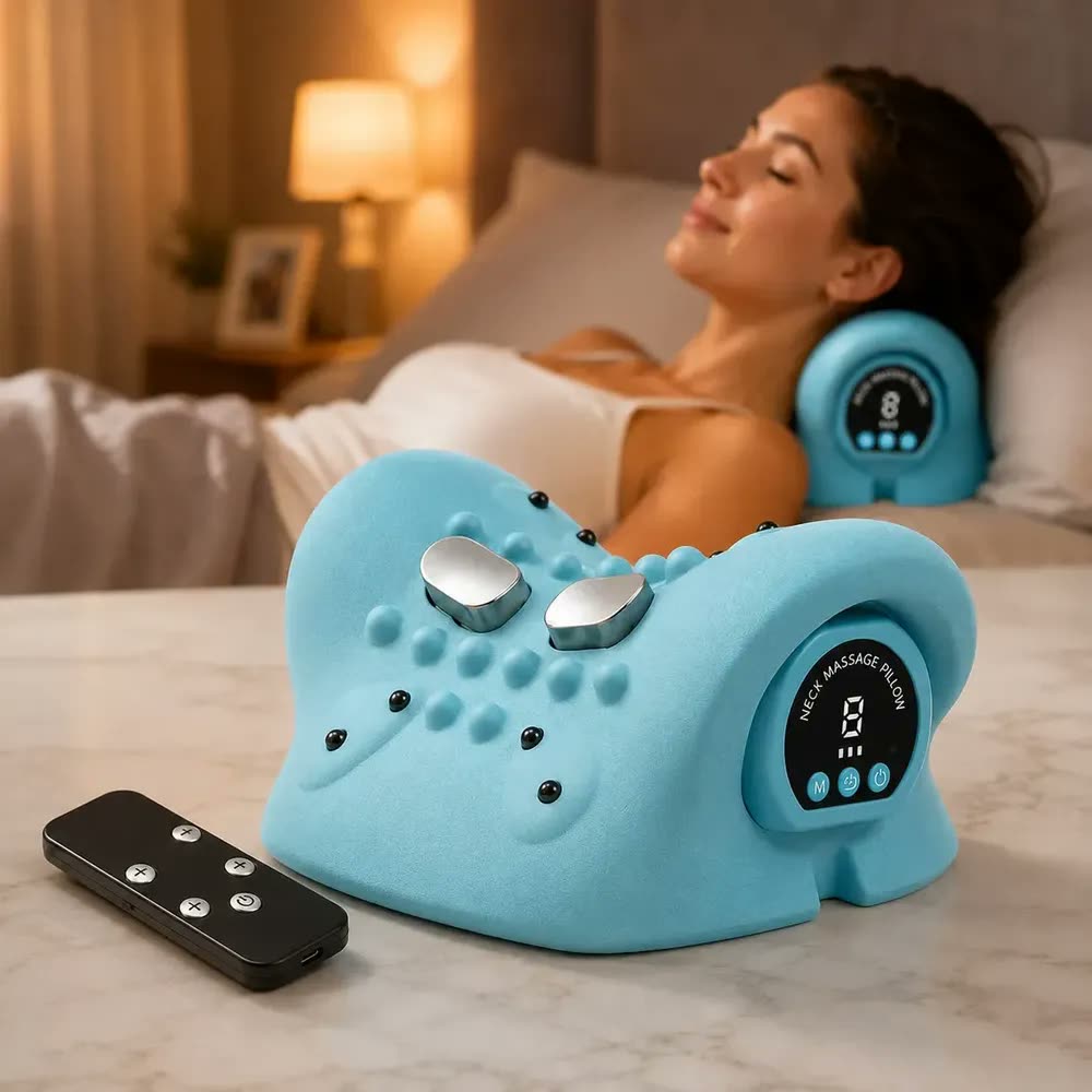 foto de Massageador Pescoço Cervical Almofada Massageadora Dores Massagem Com Aquecimento Vibração Estimulação Elétrica Relaxamento Descanso Conforto Azul-celeste 127/220v Púz