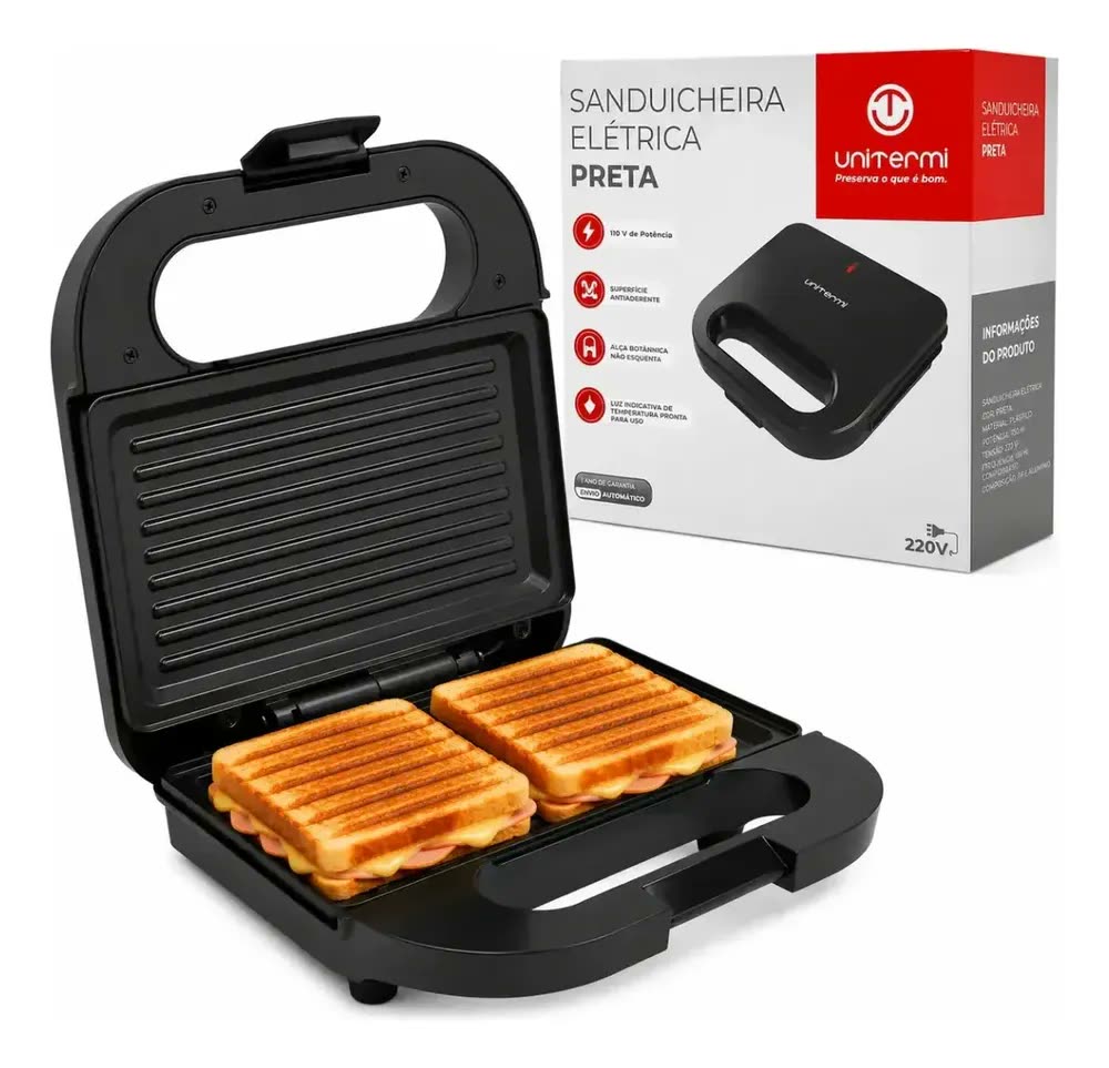 Sanduicheira Elétrica Preta Luxe Grill 2 em 1 Antiaderente Multiuso 750W Inox Preto Compacta para Sanduíches e Grill Elétrico Prático Viacruz