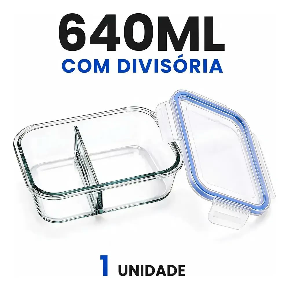 foto de Pote Hermético 640ml Divisória Marmita Vidro Freezer Forno Azul-claro