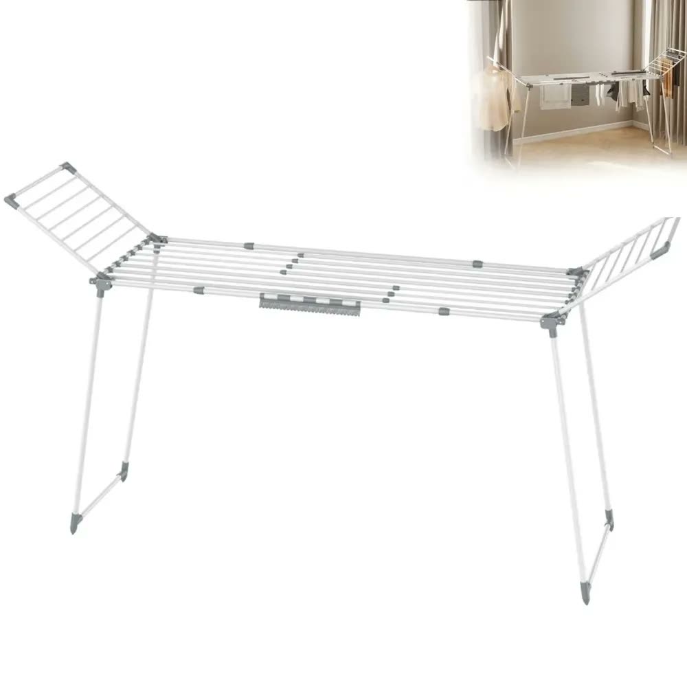 foto de Varal de Chão King Extensível Bel 2,23m em Aço Branco Dobrável Grande Resistente para Roupas Lençóis Toalhas com Suporte para Meias Ajustável até 21kg Casa Apartamento Lavanderia