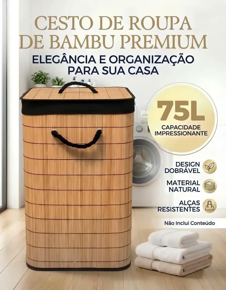Cesto Organizador De Roupa Suja Com Alça 75 Litros Bambu Dobrável Grande Com Forro De Linho Pítia