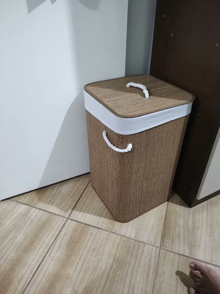 foto de Cesto de Bambu Dobrável 75L Organizador Banheiro Quarto Roupa Suja Com Alça Grande Com Forro De Linho Pítia