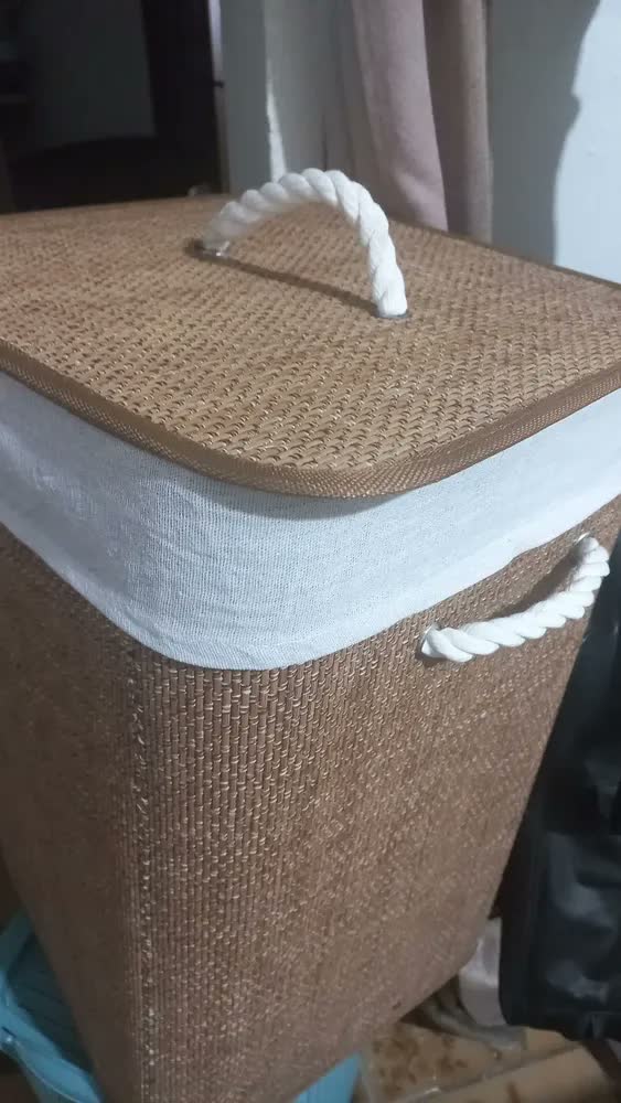 foto de Cesto de Bambu Dobrável 75L Organizador Banheiro Quarto Roupa Suja Com Alça Grande Com Forro De Linho Pítia