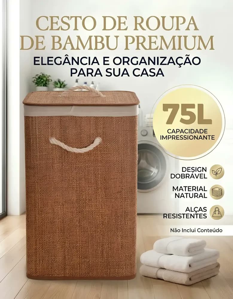 Cesto de Bambu Dobrável 75L Organizador Banheiro Quarto Roupa Suja Com Alça Grande Com Forro De Linho Pítia
