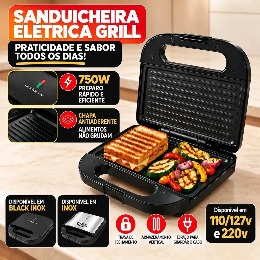 foto de Sanduicheira Elétrica Luxe Grill Inox Antiaderente 750w 2 Em 1 Termostato Automático Multiuso Compacta Chapa 2 Sanduíches Outros Petiscos - VYROX