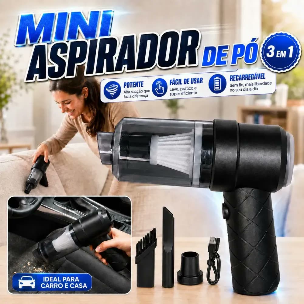 foto de Aspirador De Pó Portátil 3 Em 1 USB Com Função Sopro Para Carro Limpeza Automotiva E Doméstica Mini Aspirador Para Pequenos Resíduos Interior De Veículos Uso Diário Cor Preta Limpeza De Ambientes