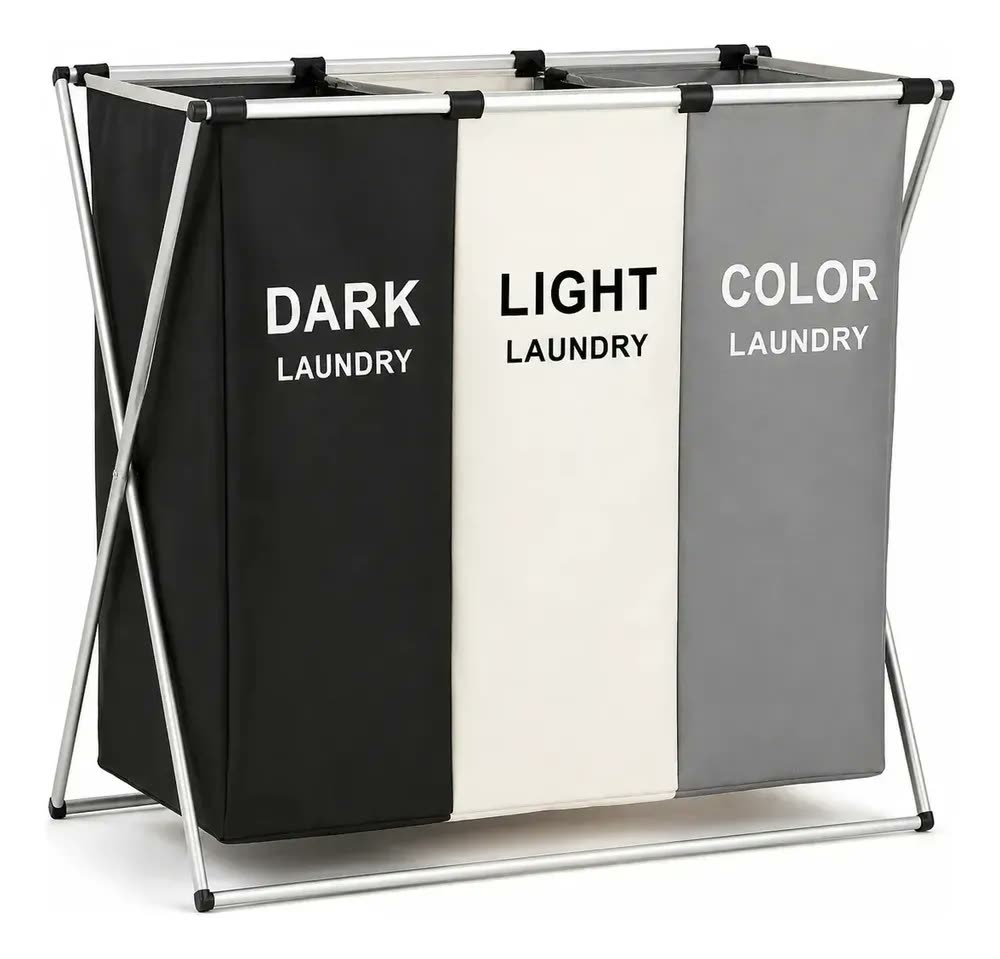 Cesto Organizador De Roupas Sujas Dobrável 3 Divisórias Banheiro Lavanderia Branca Colorida Preta Poliéster Liso Marca Topy Home