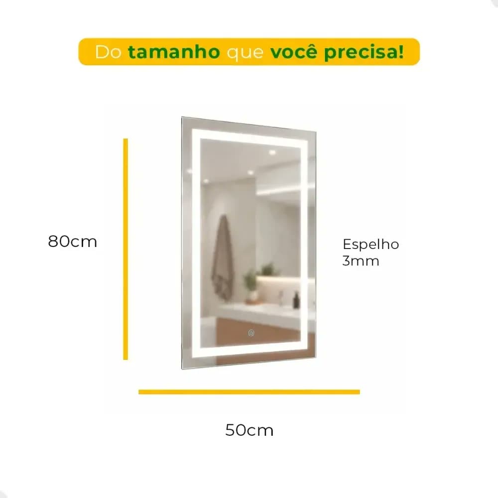 foto de Espelho Retangular Touch Grande 50x80cm Espelho com LED 3 Cores de Parede Espelho Decorativo Lapidado Espelho para Banheiro 3 Tons de Led Espelho para Maquiagem Espelho para Selfie Espelho Jateado