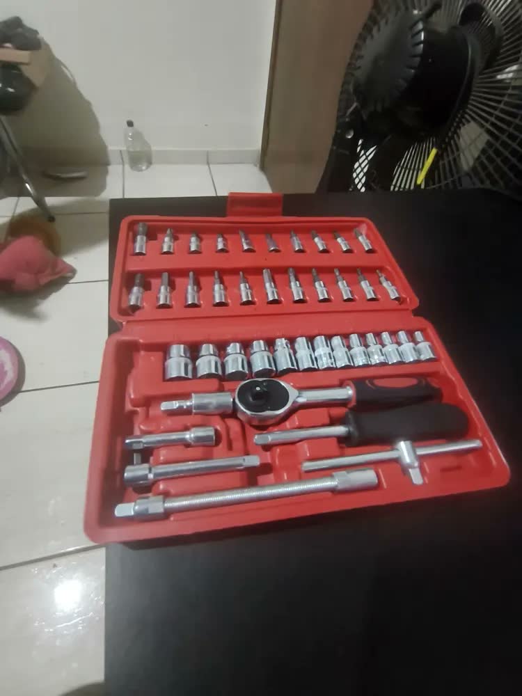 foto de Jogo Chave Canhão Cachimbo Soquete Sextavado com Catraca Reversível 46 Peças Kit Ferramentas Profissional Aço Cromado Bits Torx Allen Phillips Fenda Oficina Mecânica Automotiva Manutenção