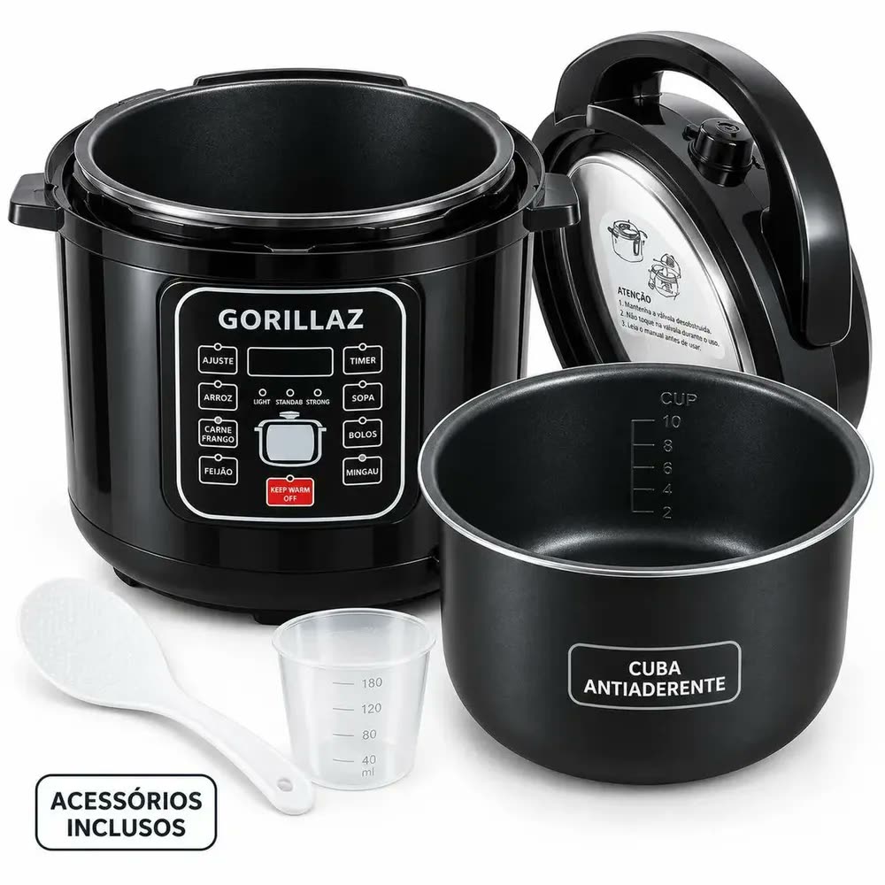 foto de PANELA DE PRESSÃO ELÉTRICA GORILLAZ PRETA 6L 1050W 8 em 1 - Kitchen Style