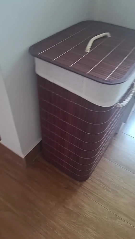 foto de Cesto de Roupa Suja Organizador Bambu 72L com Tampa e Alças Dobrável Grande para Lavanderia Banheiro Quarto Multiuso Marrom