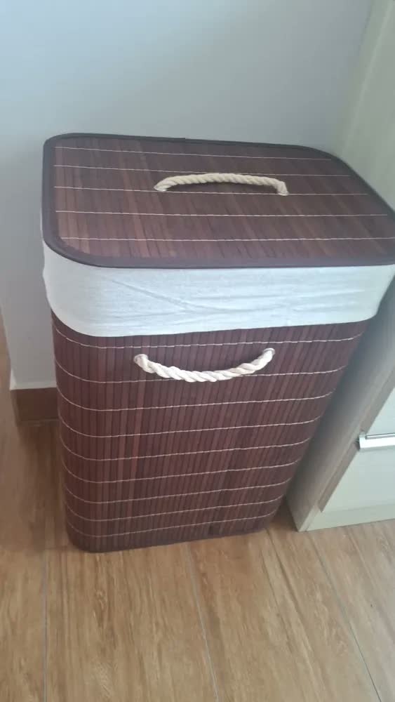foto de Cesto de Roupa Suja Organizador Bambu 72L com Tampa e Alças Dobrável Grande para Lavanderia Banheiro Quarto Multiuso Marrom