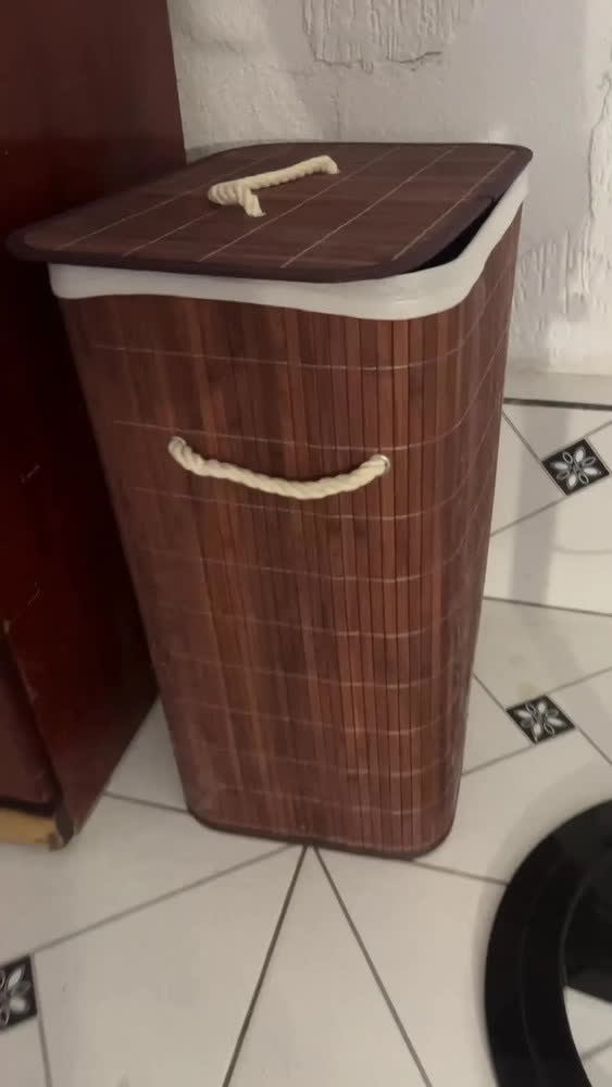 foto de Cesto de Roupa Suja Organizador Bambu 72L com Tampa e Alças Dobrável Grande para Lavanderia Banheiro Quarto Multiuso Marrom