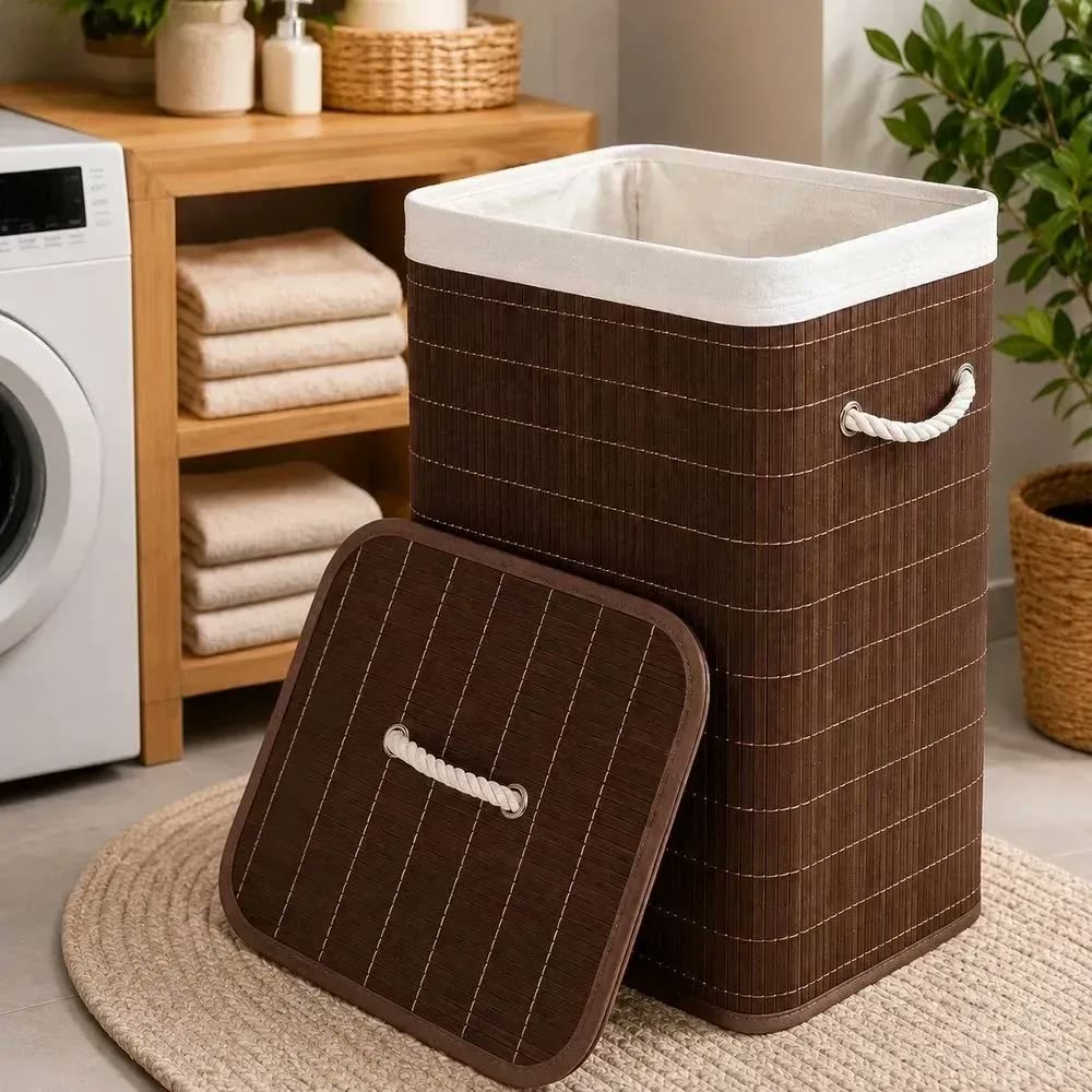 Cesto de Roupa Suja Organizador Bambu 72L com Tampa e Alças Dobrável Grande para Lavanderia Banheiro Quarto Multiuso Marrom