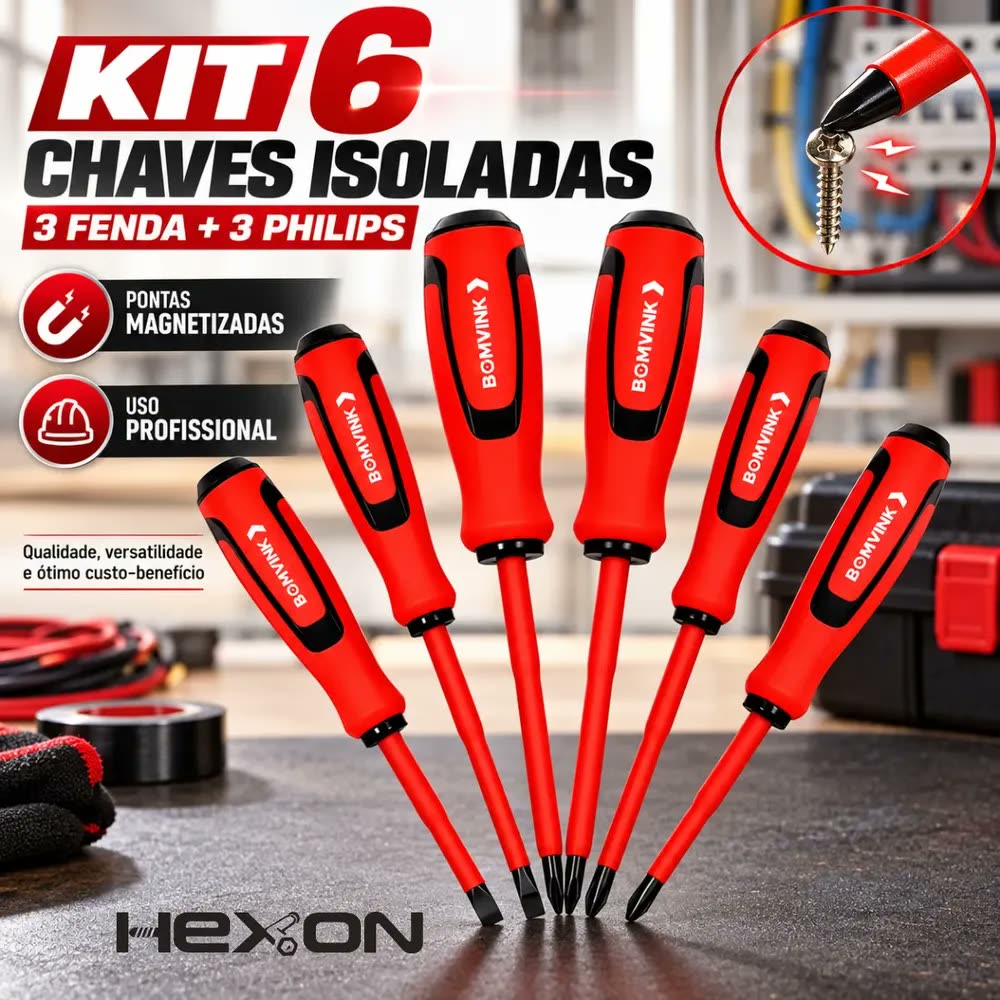 foto de Kit Jogo 6 Chaves Isoladas Imantadas Fenda Philips Ferramenta Profissional Eletricista Tomada Disjuntor Emborrachada Isolada Anti Eletricidade Anti Choque Fenda E Phillps Estrela Hexon
