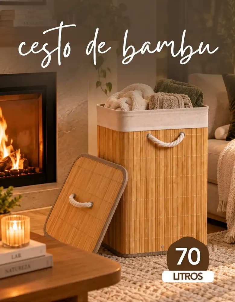 foto de Cesto de Roupa Suja em Bambu 70L, Quadrado, Com Tampa e Alças – Betolar
